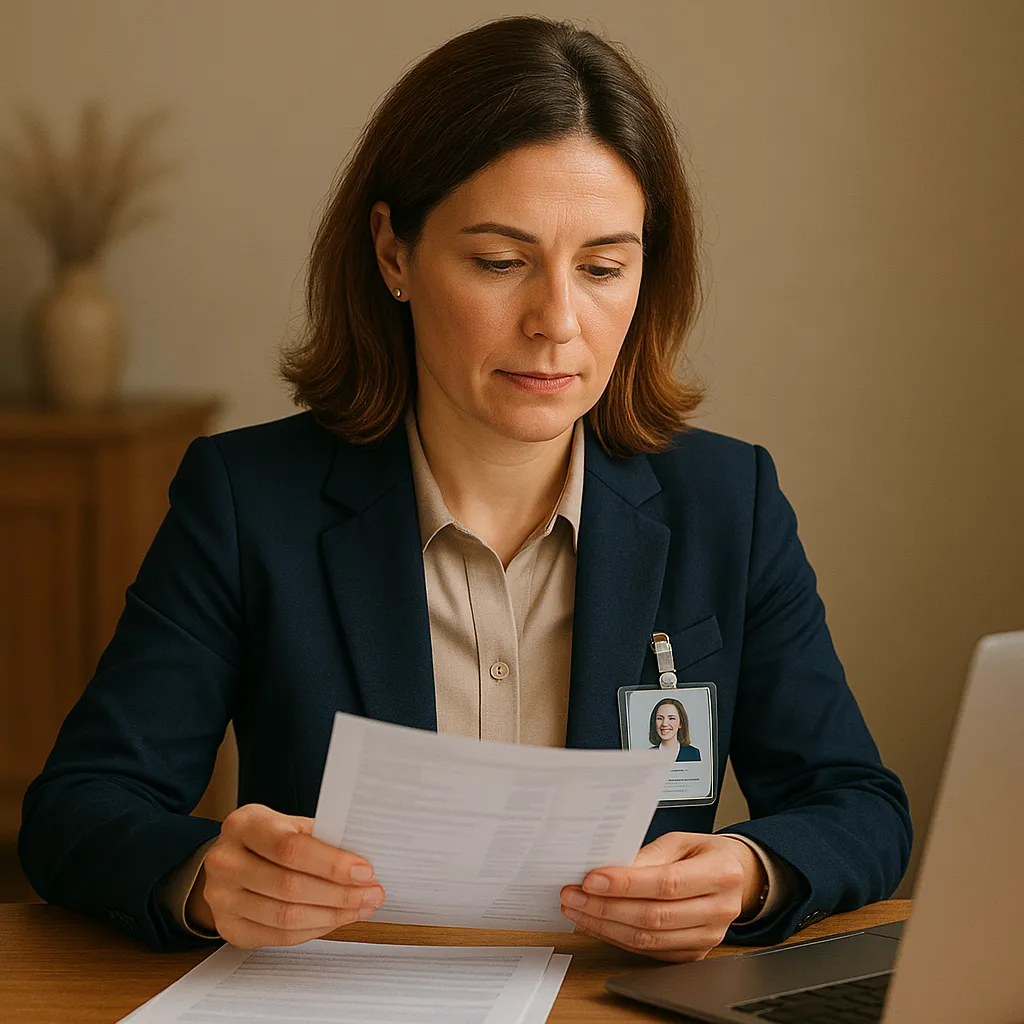 Donna professionista di Tuscany Home Management gestisce bollette e documenti amministrativi per una villa in Toscana, durante l’assenza del proprietario.