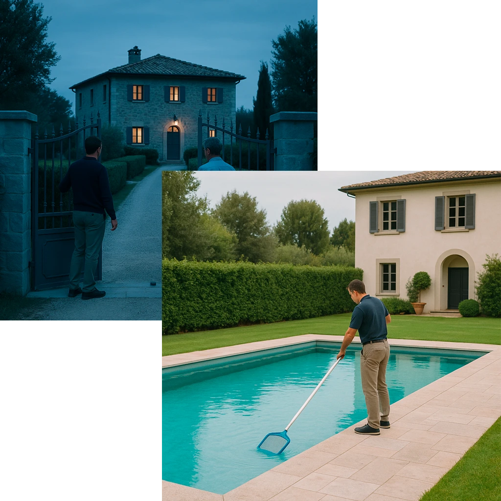 Due uomini chiudono il cancello di una villa in Toscana al termine di un controllo, mentre un operatore effettua la manutenzione della piscina, a rappresentare la presenza costante e la cura quotidiana garantite da Tuscany Home Management.