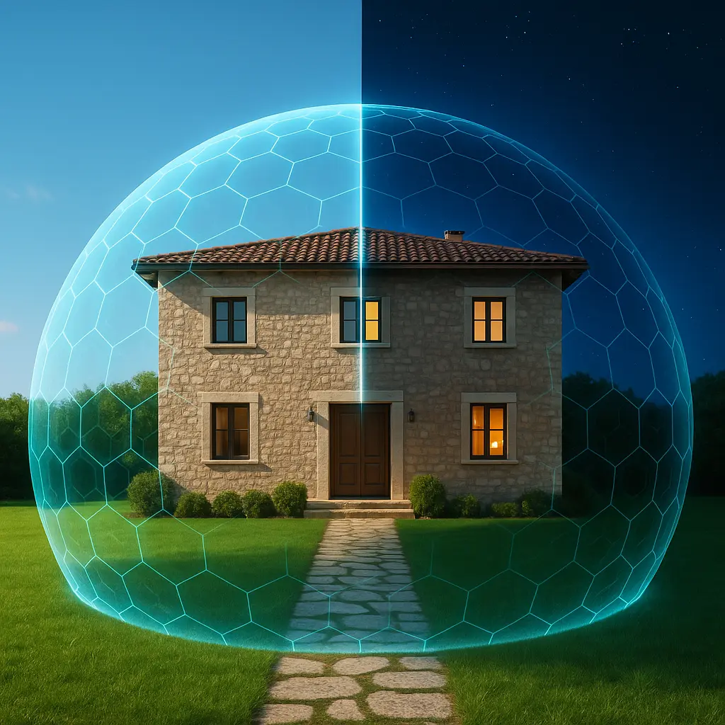 Casa toscana protetta da uno scudo di sicurezza giorno e notte, a simboleggiare la cura e la protezione costante offerta da Tuscany Home Management.
